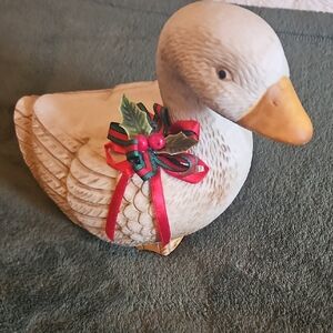 Cream Ceramic Duck Figurine with Red & Green Ribbon Accent
